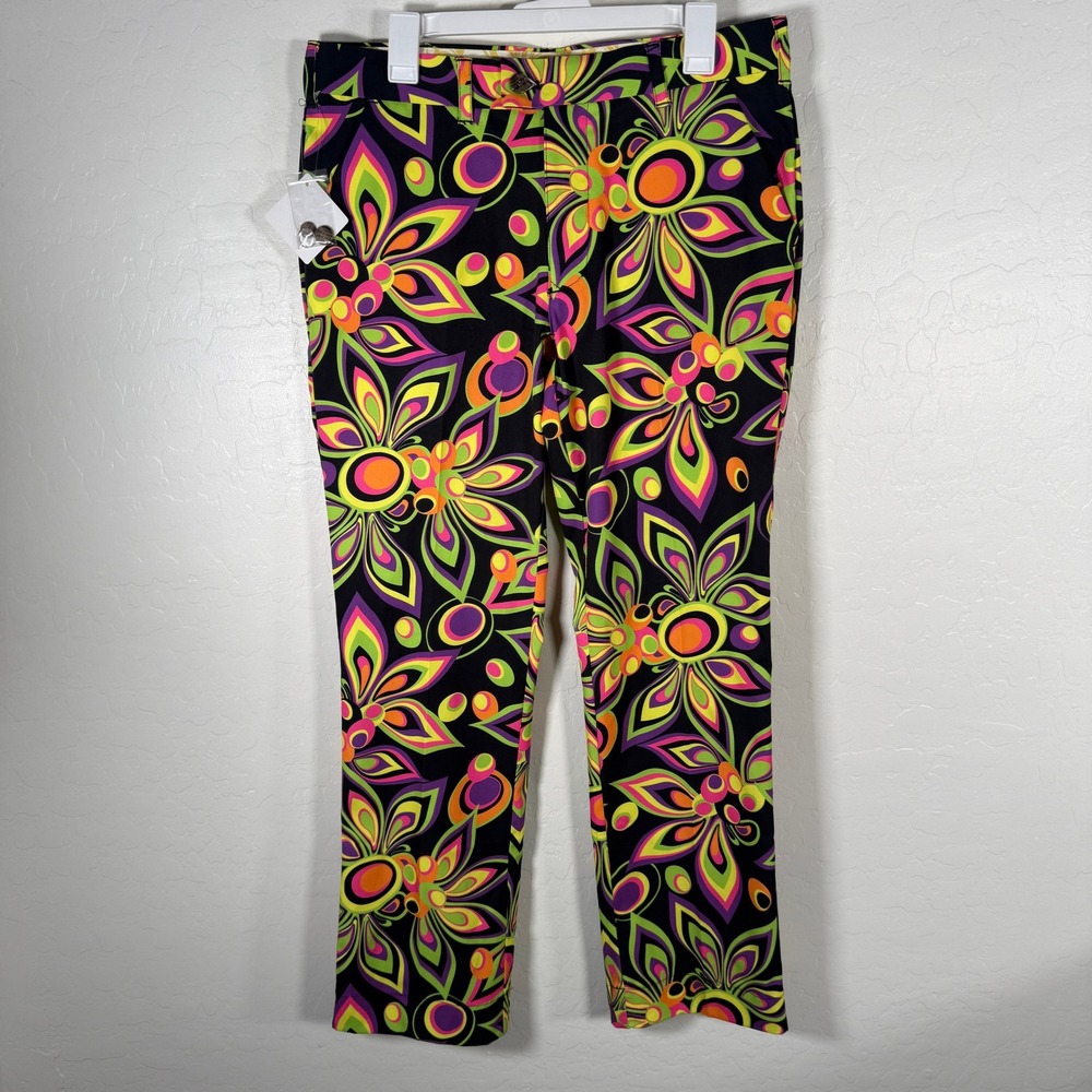 Loudmouth Golf Pants Mens 33x31 Black Neon Floral Psychedelic Golfing Trousers